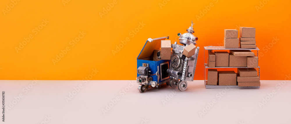 Automation service of warehousing and shipment. Robotic roller storekeeper sorts goods and parcels into an autonomous delivery robot courier. Orange background, copy space - obrazy, fototapety, plakaty 