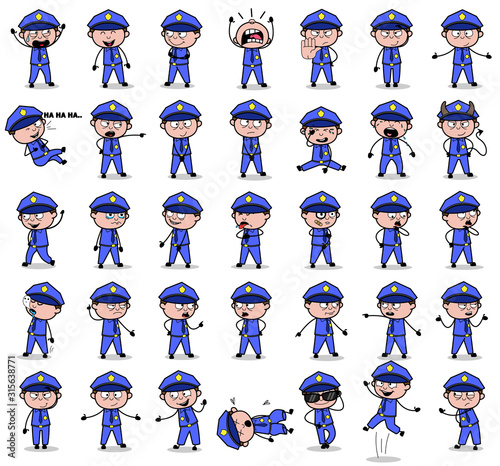 Funny Policeman Cop Character Poses - Set of Concepts Vector illustrations