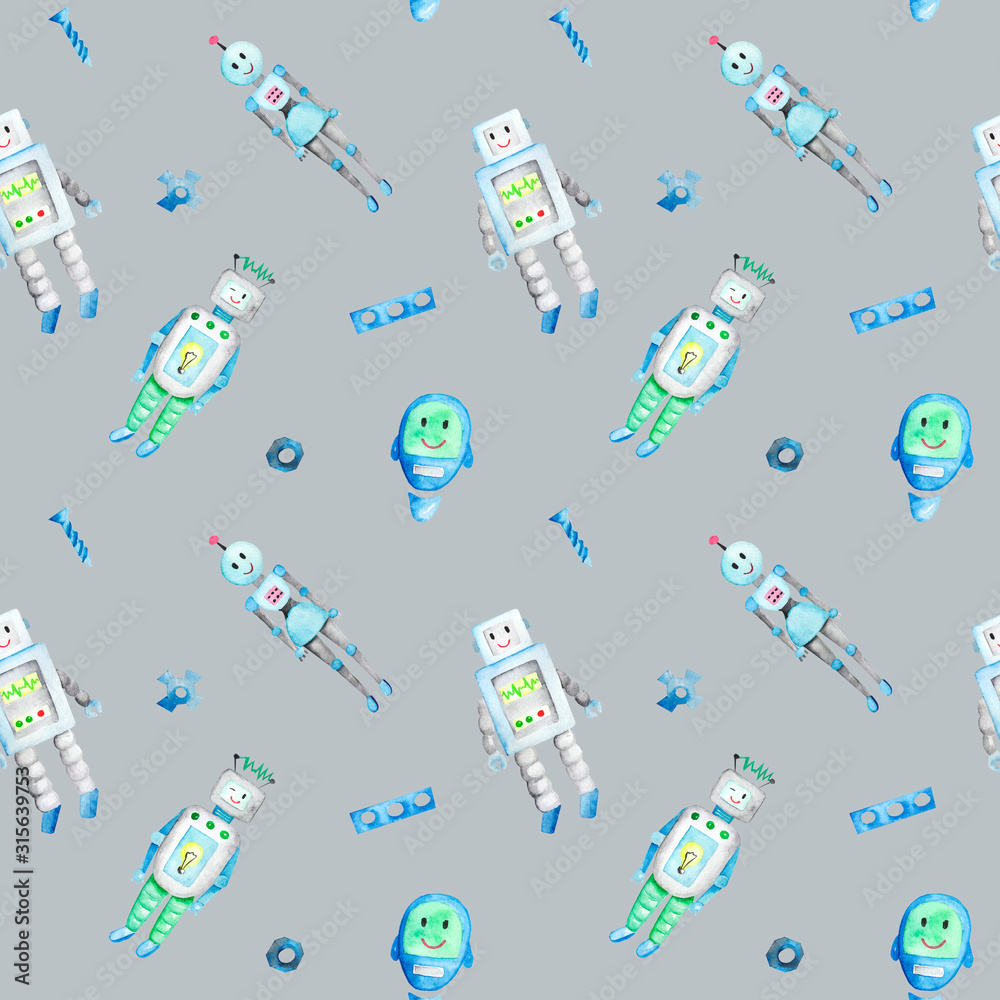 Watercolor hand drawn cute robots seamless pattern. Cartoon cute background. Perfect for kids apparel, textile, fabric, nursery. on gray background