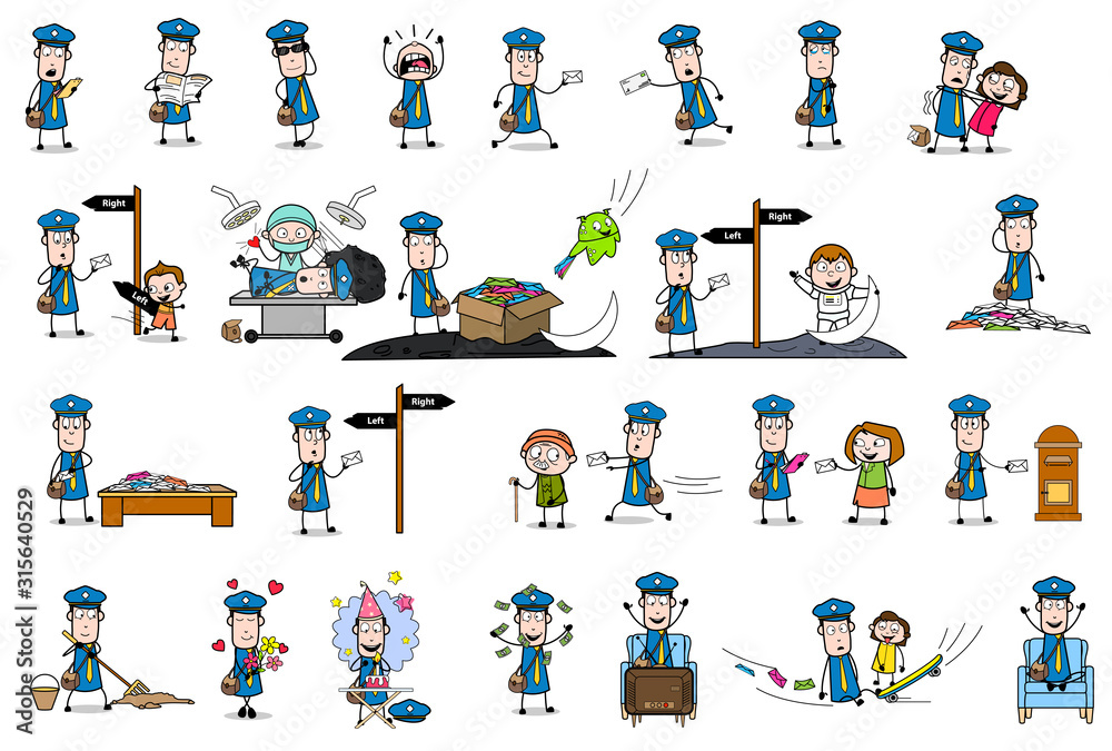 Fototapeta premium Cartoon Postman - Set of Concepts Vector illustrations