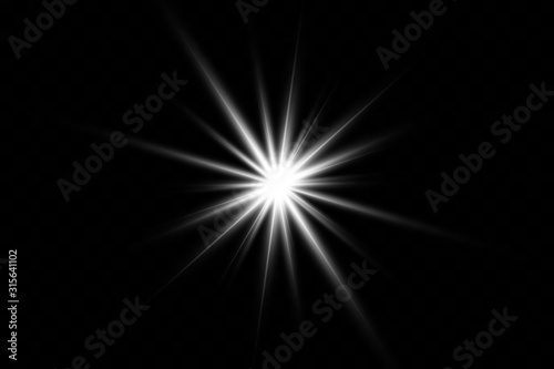 White glowing light explodes on a transparent background. with ray.  Transparent shining sun, bright flash.  Special lens flare light effect.