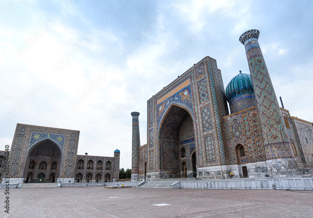 Early morning view of the ancient Registan Square in Samarkand, Uzbekistan