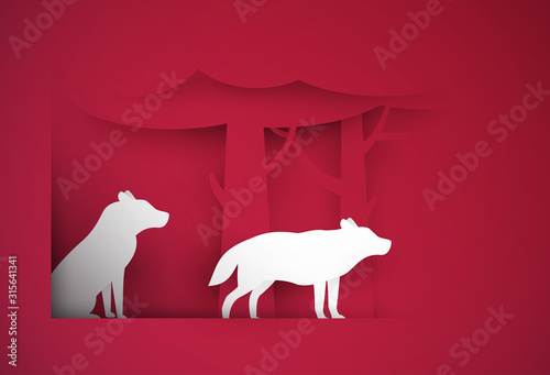 Two wolf on red forest in paper cut trendy craft cartoon style. Minimalistic creative modern design for advertising, branding background greeting card, cover, poster, banner. Vector illustration.