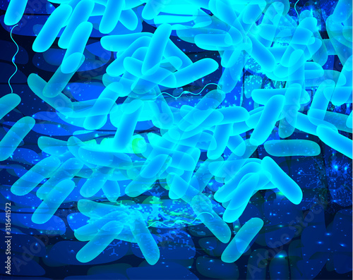 Background blue lactobacillus, bifidobacteria, probiotic, prebiotic. Infographics. Vector illustration on isolated background.