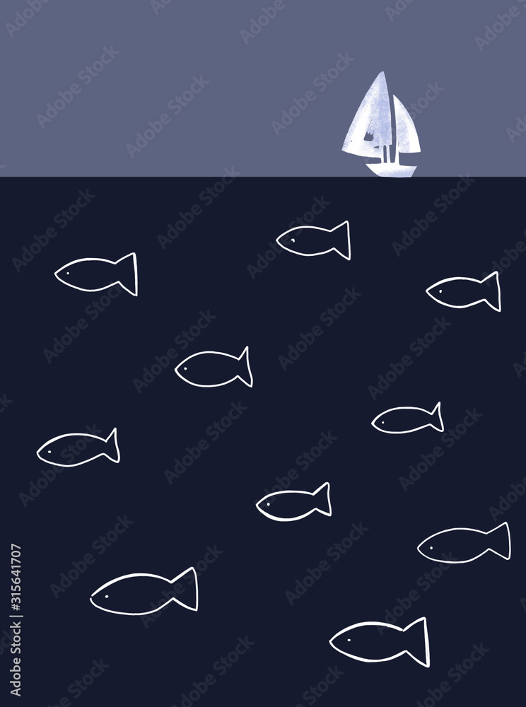 white sail ship and fish under water