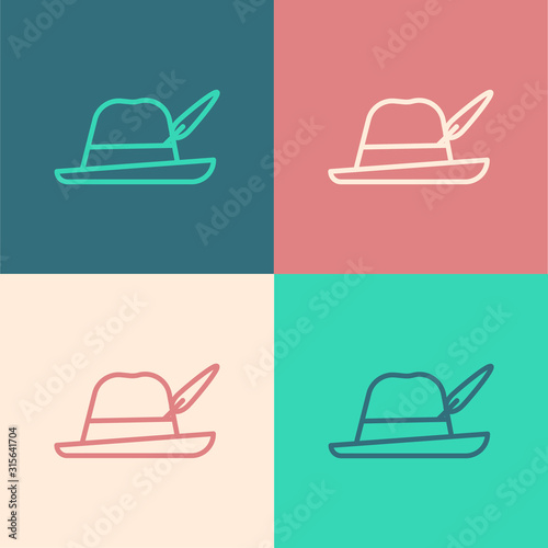 Color line Oktoberfest hat icon isolated on color background. Hunter hat with feather. German hat. Vector Illustration