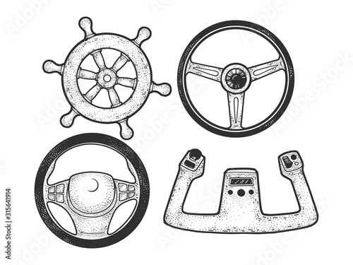 Steering wheel set sketch engraving vector illustration. T-shirt apparel print design. Scratch board imitation. Black and white hand drawn image.