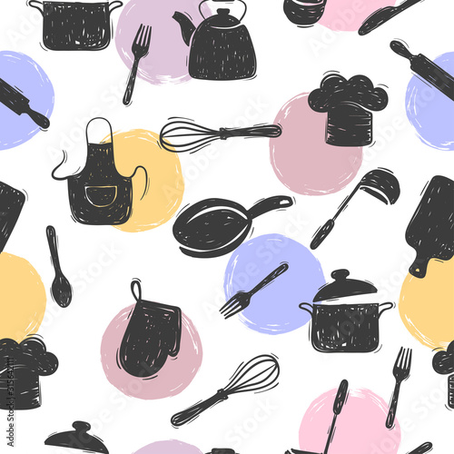 Seamless pattern with doodle kitchen utensils. Cooking food vector illustration.