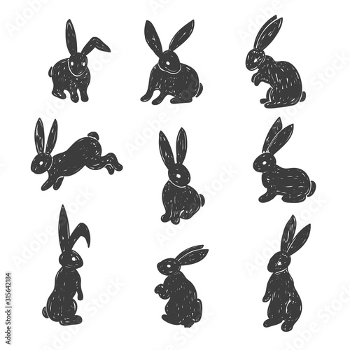 Set of cute bunnies. Easter vector sketch illustration of rabbits