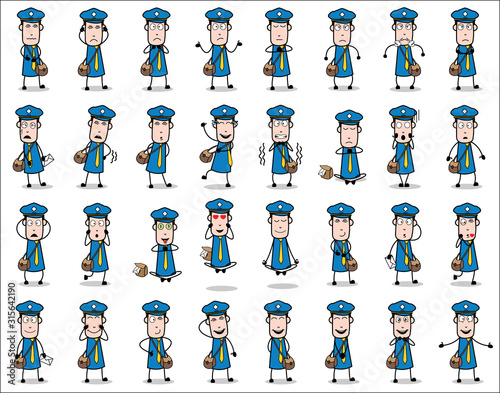 Cartoon Postman Character Poses - Set of Concepts Vector illustrations