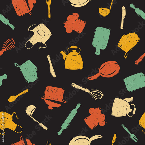 Seamless pattern with doodle kitchen utensils. Cooking food vector background