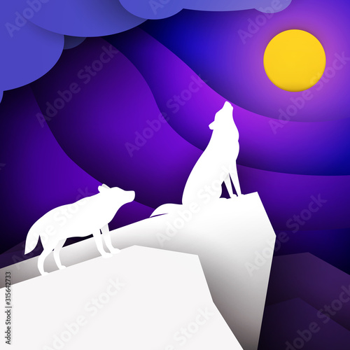 Two wolf standing on mountain in paper cut trendy craft cartoon style. Minimalistic creative modern design for advertising, branding background cover, poster, banner. Vector illustration.