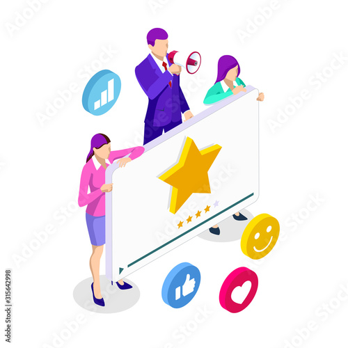 Isometric video rating, video channel promotion, marketing, business presentation, online advertising concept.
