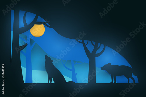 Two wolf in night forest. Paper cut trendy craft cartoon style. Minimalistic creative modern design for advertising, branding background greeting card, cover, poster, banner. Vector illustration.