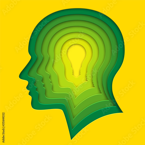 Lightbulb within human profile shape. Deep paper layered cut out art in origami style. Vector illustration.
