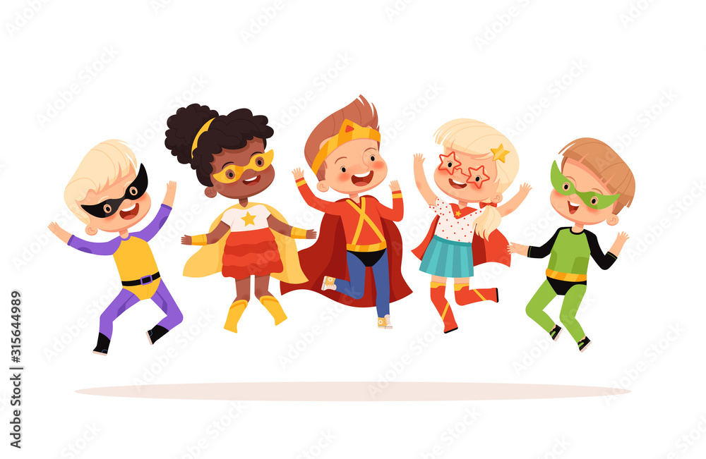 Superhero kids jumping, laughing and having fun. Vector illustration Superhero kids jumping, laughing and having fun. Vector illustration