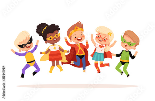 Superhero kids jumping, laughing and having fun. Vector illustration