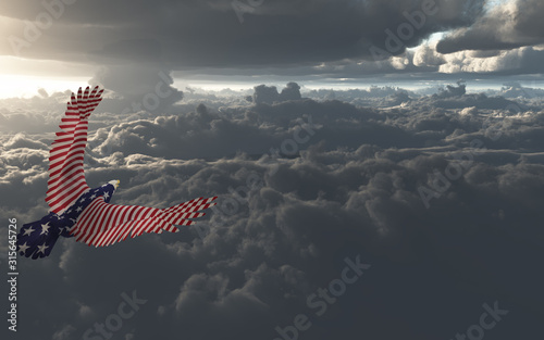 Eagle in US national colors flies above clouds.