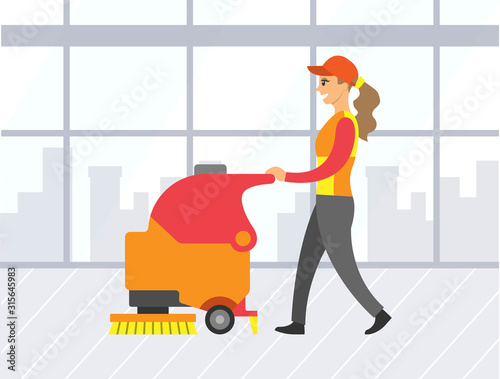 Young woman washing and dusting store floor with machine. Cleaning lady wearing uniform in supermarket vector. Purity and hygiene vector illustration