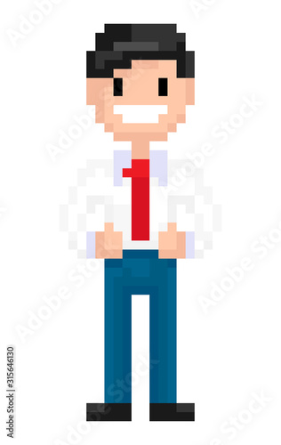 Male wearing tie and suit vector, isolated character of pixel vintage game, 8bit or 16bit resolution, businessman with urban style of clothes