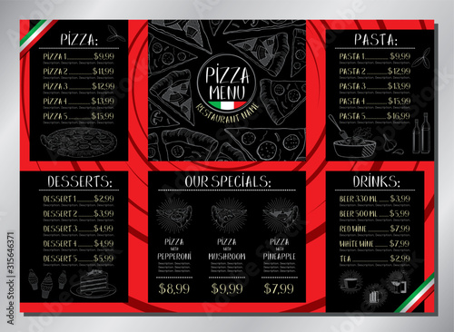 Pizza restaurant card template - table menu (pepperoni, mushroom, hawaiian, pasta, desserts, drinks)- A3 size (420x297 mm)