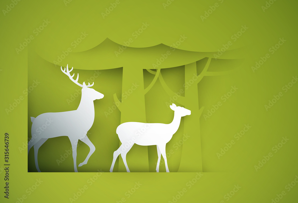 Obraz premium Two deers on green forest in paper cut trendy craft cartoon style. Minimalistic creative modern design for advertising, branding background greeting card, cover, poster, banner. Vector illustration.
