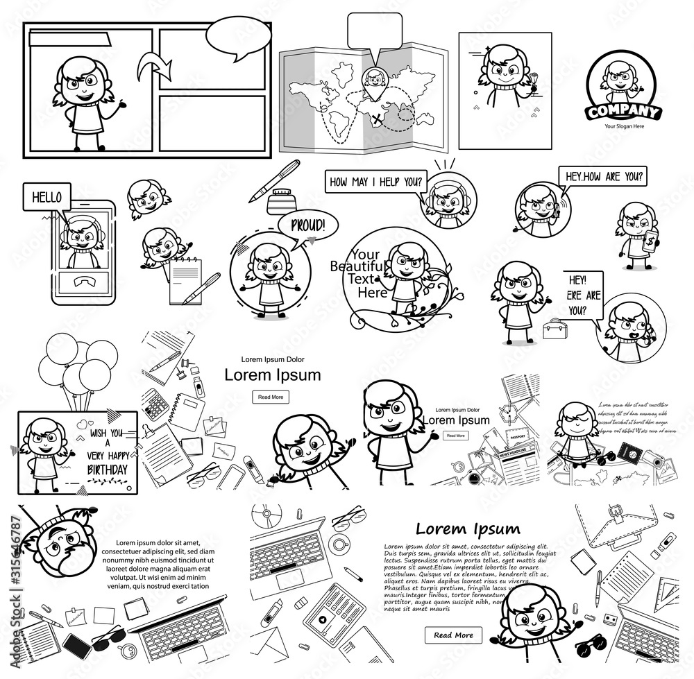 Cartoon Teen Retro Design Collection - Set of Concepts Vector illustrations