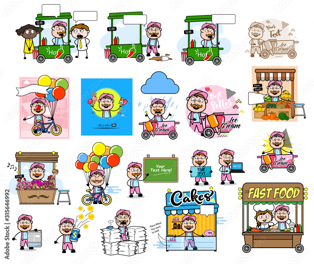 Various Cartoon Vendor with Many Concepts - Set of Comic Vector illustrations Various Cartoon Vendor with Many Concepts - Set of Comic Vector illustrations