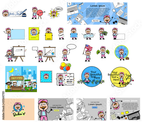 Funny Cartoon Vendor with Many Concepts - Set of Different Vector illustrations
