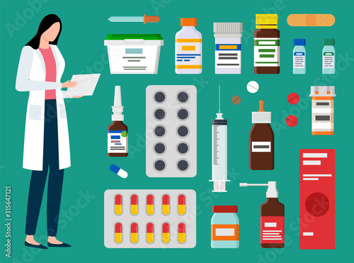 Doctor with medicine vector, medical worker isolated. Clinical help and diagnosis of sickness professional care and treatment, syringe and spray pills