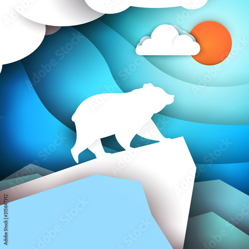 White polar bear standing on ice mountain in paper cut trendy craft cartoon style. Minimalistic creative modern design for branding background card, cover, poster, banner. Vector illustration.