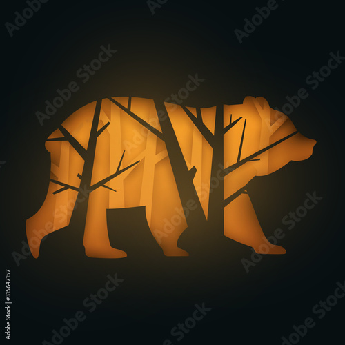 Silhouette of bear with tree branches isolated on black background in paper cut trendy craft cartoon style. Minimalistic creative modern design for branding cover, poster. Vector illustration.