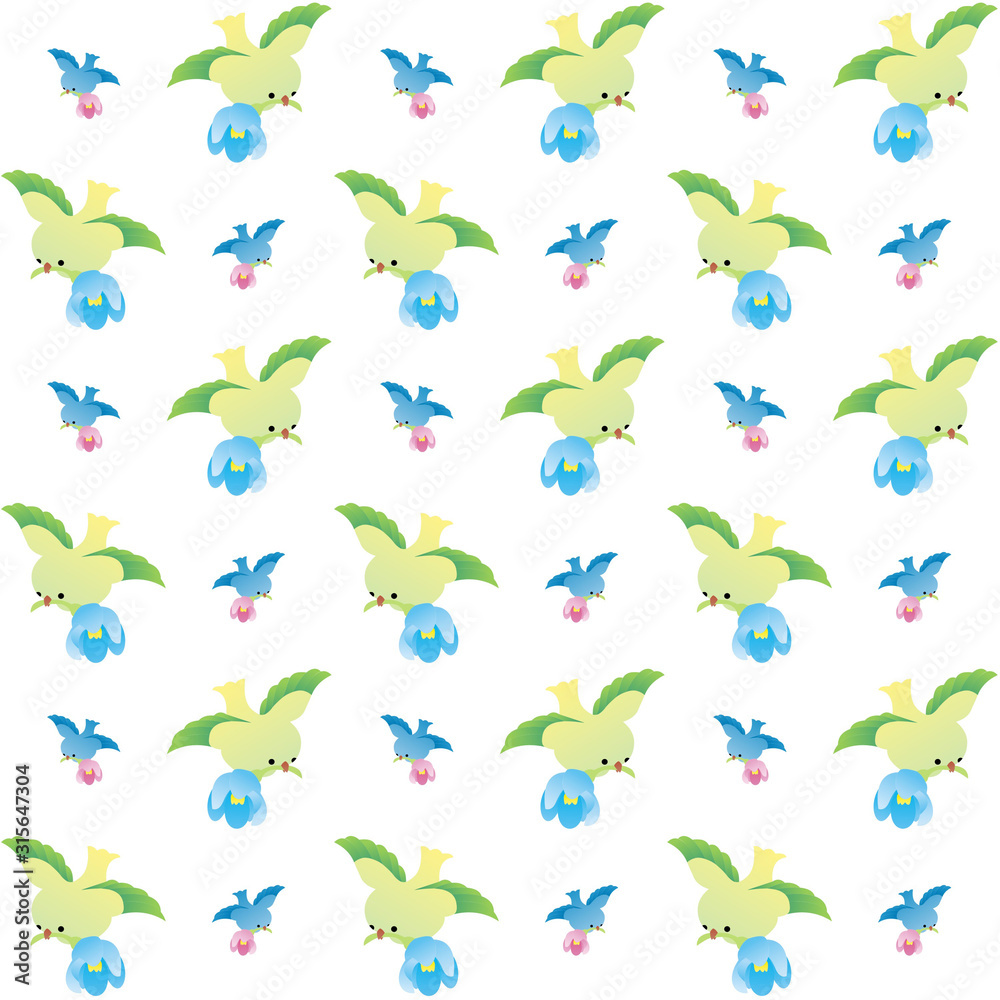 The Amazing of Cute Blue and Green Birds Bring Flowers Illustration, Cartoon Funny Character, Pattern Wallpaper