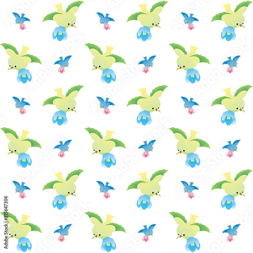 The Amazing of Cute Blue and Green Birds Bring Flowers Illustration, Cartoon Funny Character, Pattern Wallpaper © Arya