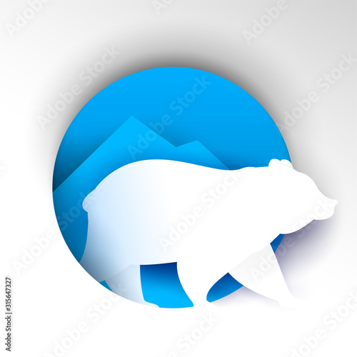 White polar bear on blue circle with ice mountain in paper cut trendy craft cartoon style. Minimalistic creative modern design for branding background card, cover, poster, banner. Vector illustration.