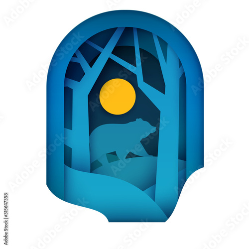 Bear in blue night forest. Paper cut trendy craft cartoon style. Minimalistic creative modern design for advertising, branding background greeting card, cover, poster, banner. Vector illustration.
