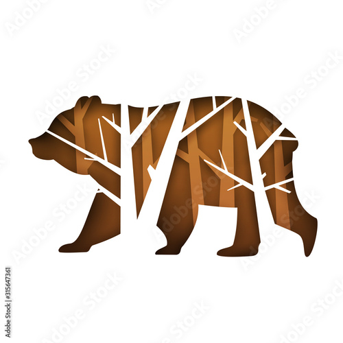 Silhouette of bear with tree branches isolated on white background in paper cut trendy craft cartoon style. Minimalistic creative modern design for branding cover, poster. Vector illustration.