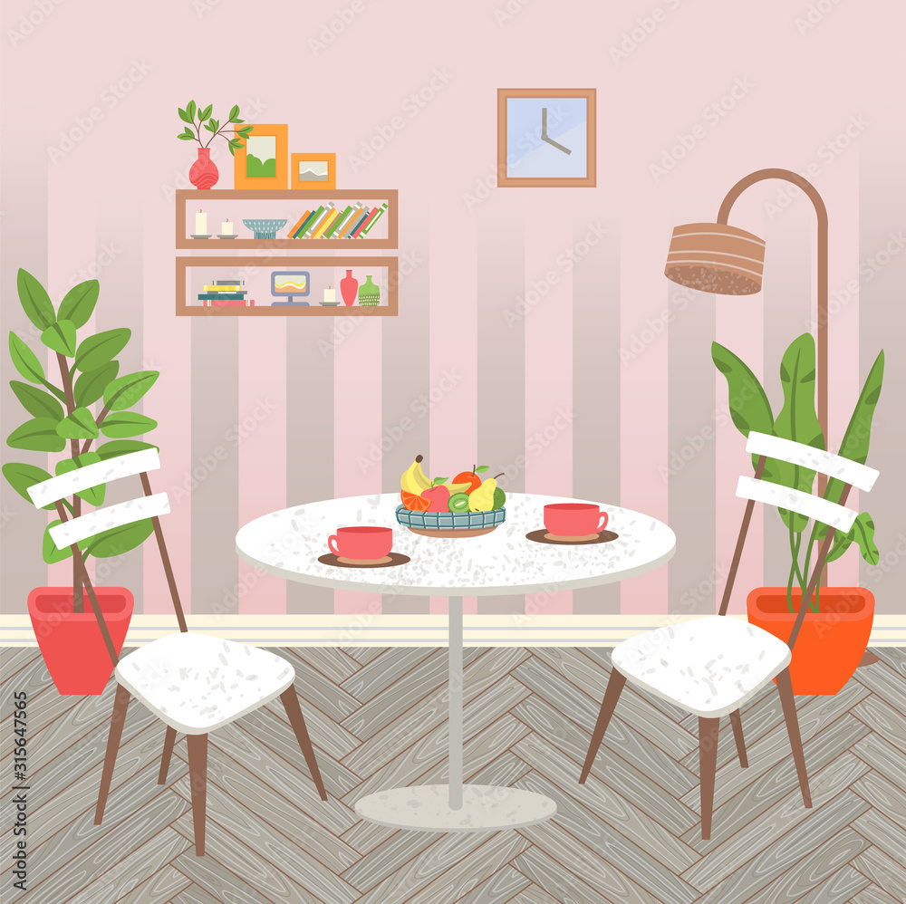 Living room interior, white dining table with cups and plate with fruits. Big plants in pots, shelf with books and clock on wall. Sweet home. Vector illustration in flat cartoon style