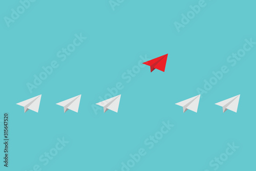 Flat design Leadership teamwork and courage concept. red paper plane and many white ones on sky