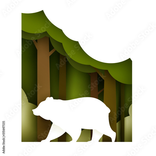 Walking bear on green forest in paper cut trendy craft cartoon style. Minimalistic creative modern design for branding background greeting card, cover, poster, banner. Vector illustration.