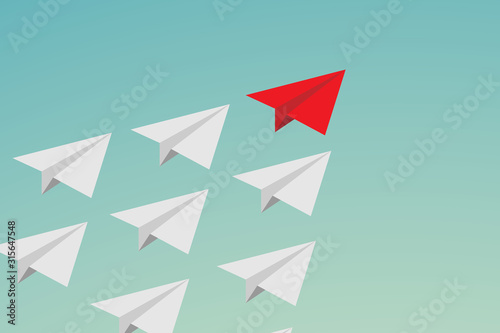 Flat design Leadership teamwork and courage concept. red paper plane and many white ones on sky