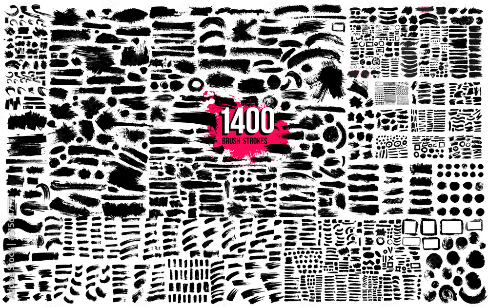 Super collection of 1400 black paint, ink brush strokes bundle, brushes, lines. Dirty artistic design elements. Circle frames. Round grunge design elements. Vector paintbrush illustration.