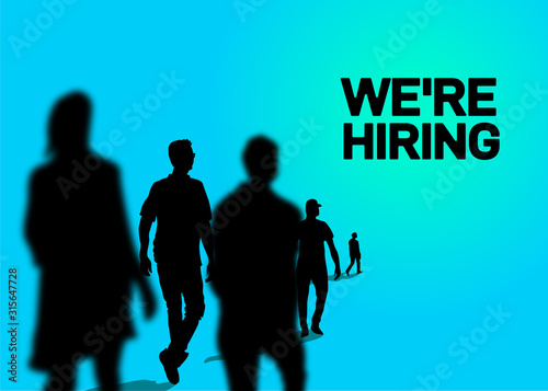 Hiring poster template with minimalist design. Blurry people are looking for work. Jobs, career, vacancy and recruitment advertising and promotion. Vector illustration. Isolated on white background.