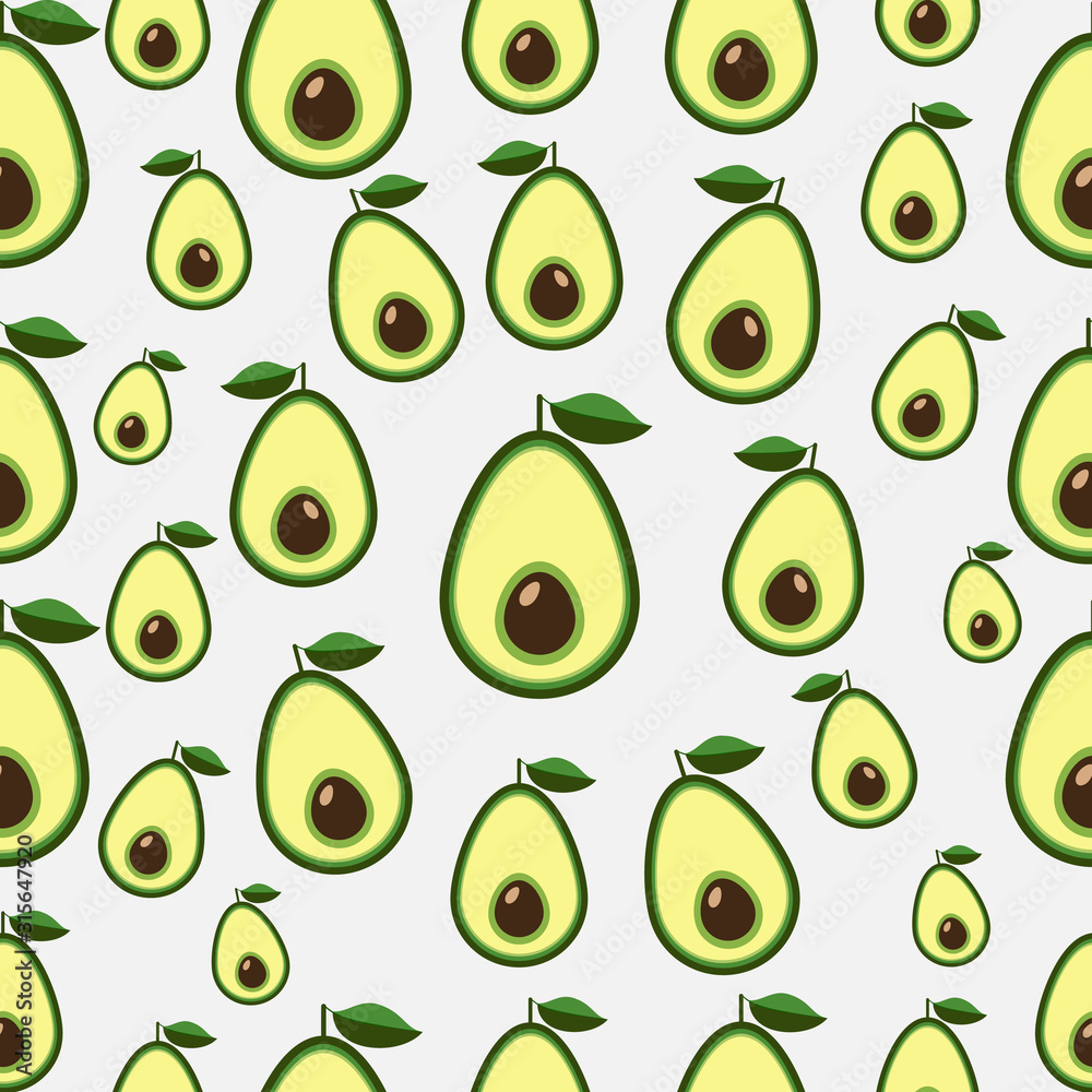 Vector seamless pattern with fresh green avocado. Vegetarian food