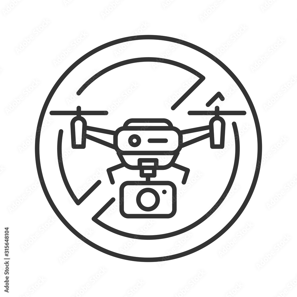 Quadcopter video prohibited black line icon. No drone zone. Aircraft device concept. Sign for web page, mobile app, banner, social media. Editable stroke. Quadcopter video prohibited black line icon. No drone zone. Aircraft device concept. Sign for web page, mobile app, banner, social media. Editable stroke.