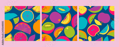 Various of colorful fruits, apples, kiwi and orange. Hand drawn colored trendy vector illustration. Colorful Seamless pattern. Flat design. Eps 10.
