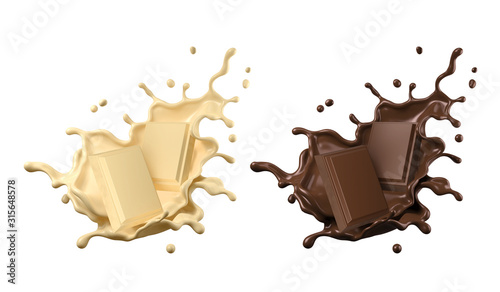 chocolate pieces falling on chocolate sauce and Milk cream splash 3d illustration.