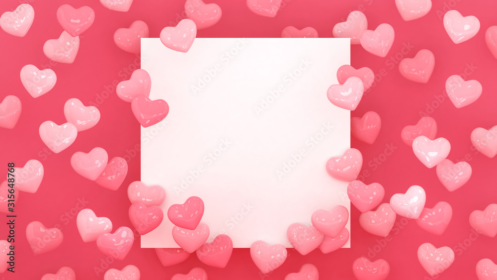 Hearts frame background. Valentines day wallpaper. 3d illustration. Wedding or marriage celebration. Romantic poster or banner hearts backdrop. Pastel pink love. Place for text.