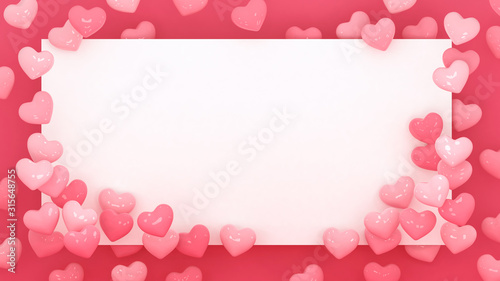 Hearts frame background. Valentines day wallpaper. 3d illustration. Wedding or marriage celebration. Romantic poster or banner hearts backdrop. Pastel pink love. Place for text. © ADELART