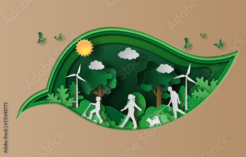 Paper art style of landscape with family enjoy fresh air in the park.